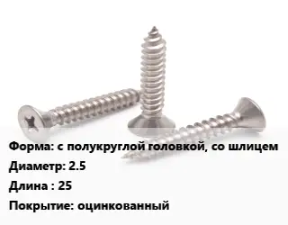 Саморез с полукруглой головкой, со шлицем D=2.5 L=25 оцинкованный